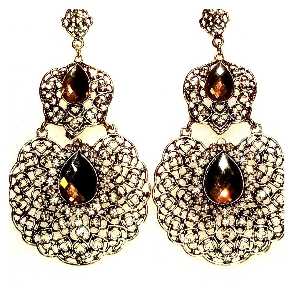 ❗5 For $2️⃣5️⃣ Bundle Sale❗️ Gold-Tone Filigree w/Chocolate Stones Earrings